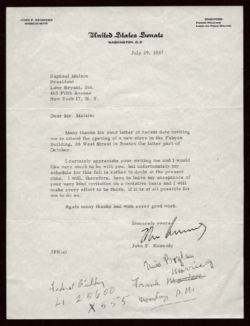 A 1957 letter from Senator John F. Kennedy to Raphael Malsin, President of Lane Bryant.